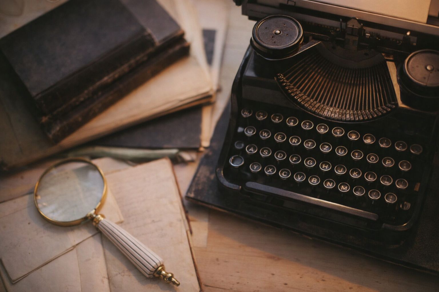 Vanha kirjoituskone, suurennuslasi ja pino vanhoja kirjoja työpöydällä.