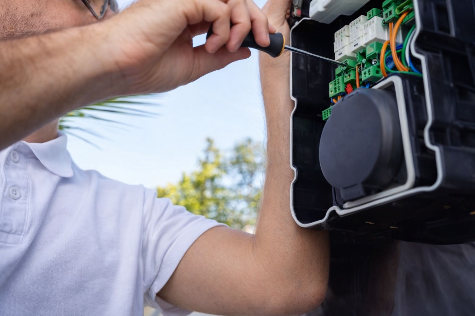 Sähköasentaja asentaa sähköauton latausasemaa ruuvimeisselillä.